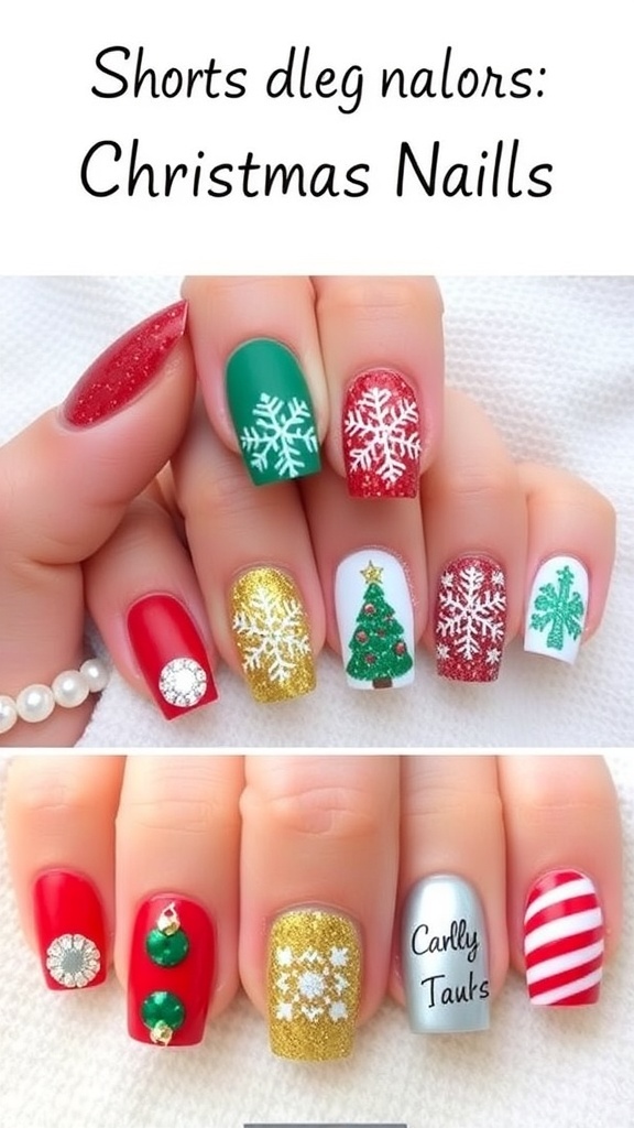 A display of short Christmas-themed SNS nails with festive designs and colors.